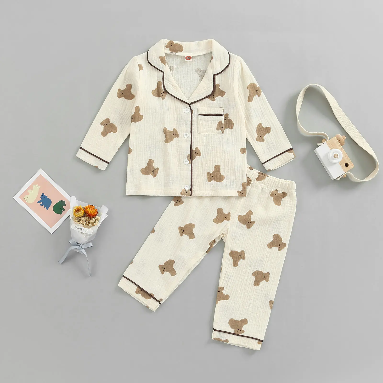 Kids Unisex Casual Pajama Suit Bear Printed Long Sleeve Front Pocket Lapel Tops+Printed Long Pants