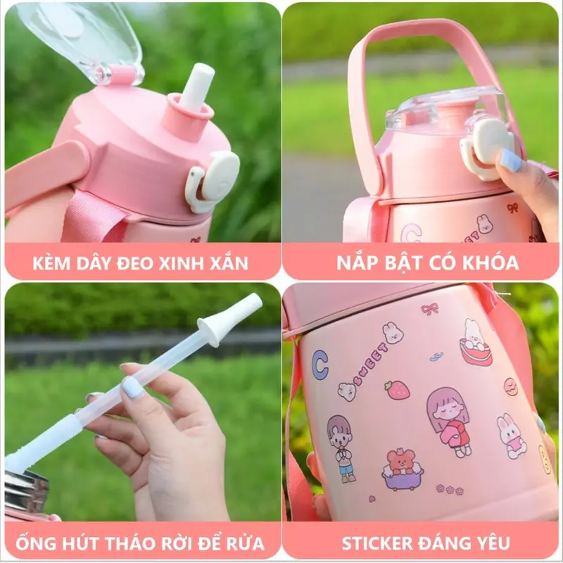 Bình giữ nhiệt Ulike 800ml, Bình giữ nhiệt Inox 304 có Sticker trang trí, tặng kèm dây đeo và ống hút 1