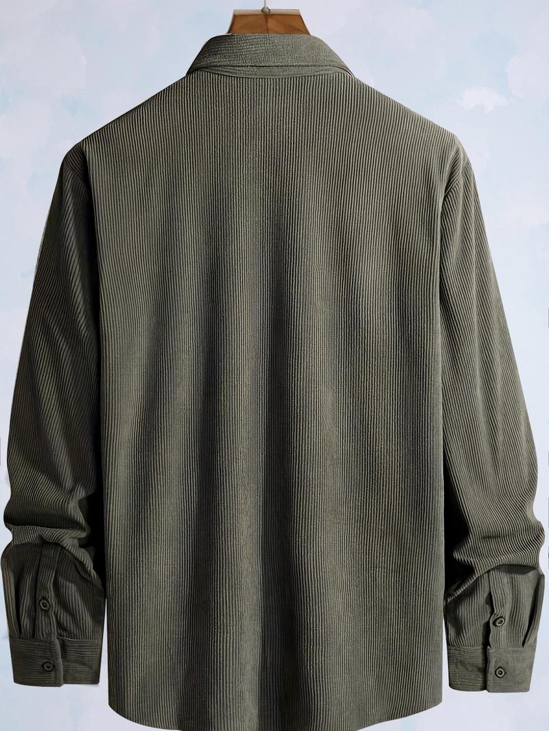 Product Introduction of Men's Plain Letter Patched Corduroy Jacket without Tee, Casual Button Front Pocket Jacket for Fall & Winter, Men's Outerwear for Daily Wear, Coat 9