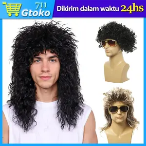 Wig Punk Rock Heavy Metal Rocker Curly Long Rambut Keriting Panjang Pria Pertunjukan Panggung Rocker