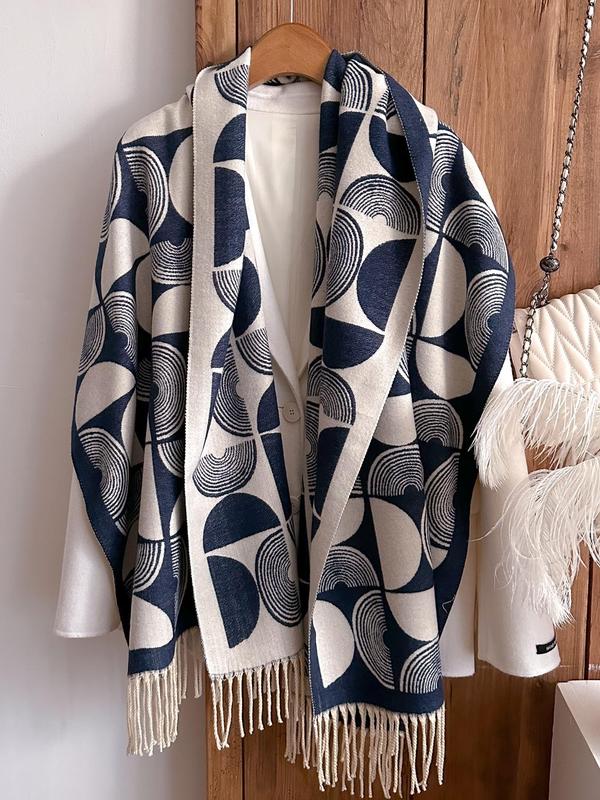 Women's Geometric Print Tassel Decor Shawl, Boho Style Casual Soft Warm Long Scarf for Fall & Winter, Fashion Accessories for Daily Wear 2