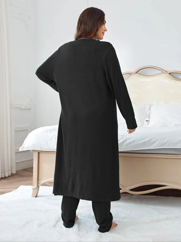 Plus Size Solid V Neck Tank Top & Elastic Waist Pants & Open Front Lounge Robe Set, Casual Comfy Sleepwear Set, Womens Clothes, Women's Sleepwear for All Seasons Valentine's Day, gift, Pajamas 5