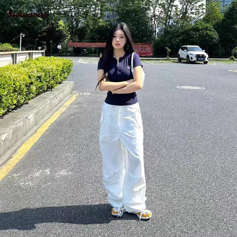 Áo Phông nữ, ngắn Tay, Cổ Henley, Chữ Thêu, Áo Mùa Hè, Thời Trang Đường Phố, SS24 7