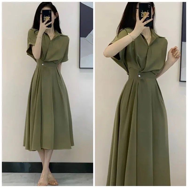 Đầm sơ mi rêu nút eo 14 màu