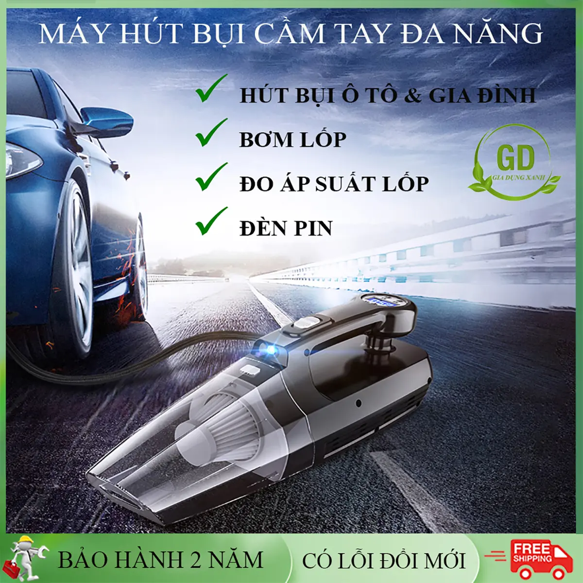 Máy hút bụi ô tô đa năng 4 trong 1 hút bụi bơm lớp đo áp suất lốp đèn pin, sử dụng trong gia đình trên ô tô tiện lợi. Bảo hành 2 năm toàn quốc, đổi mới 7 ngày nếu lỗi.