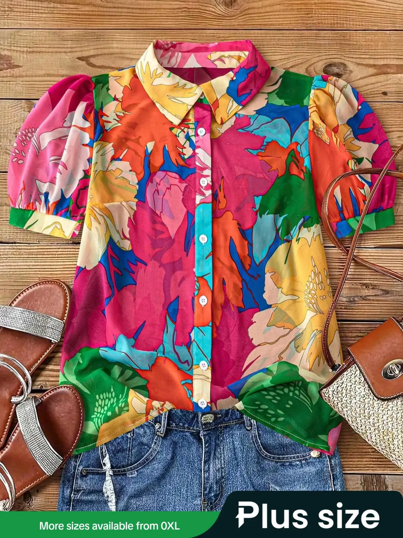 【Plus Size】 All Over Print Puff Sleeve Button Front Shirt, Elegant Short Sleeve Collared Top for Summer, Women's Clothes for Daily Wear