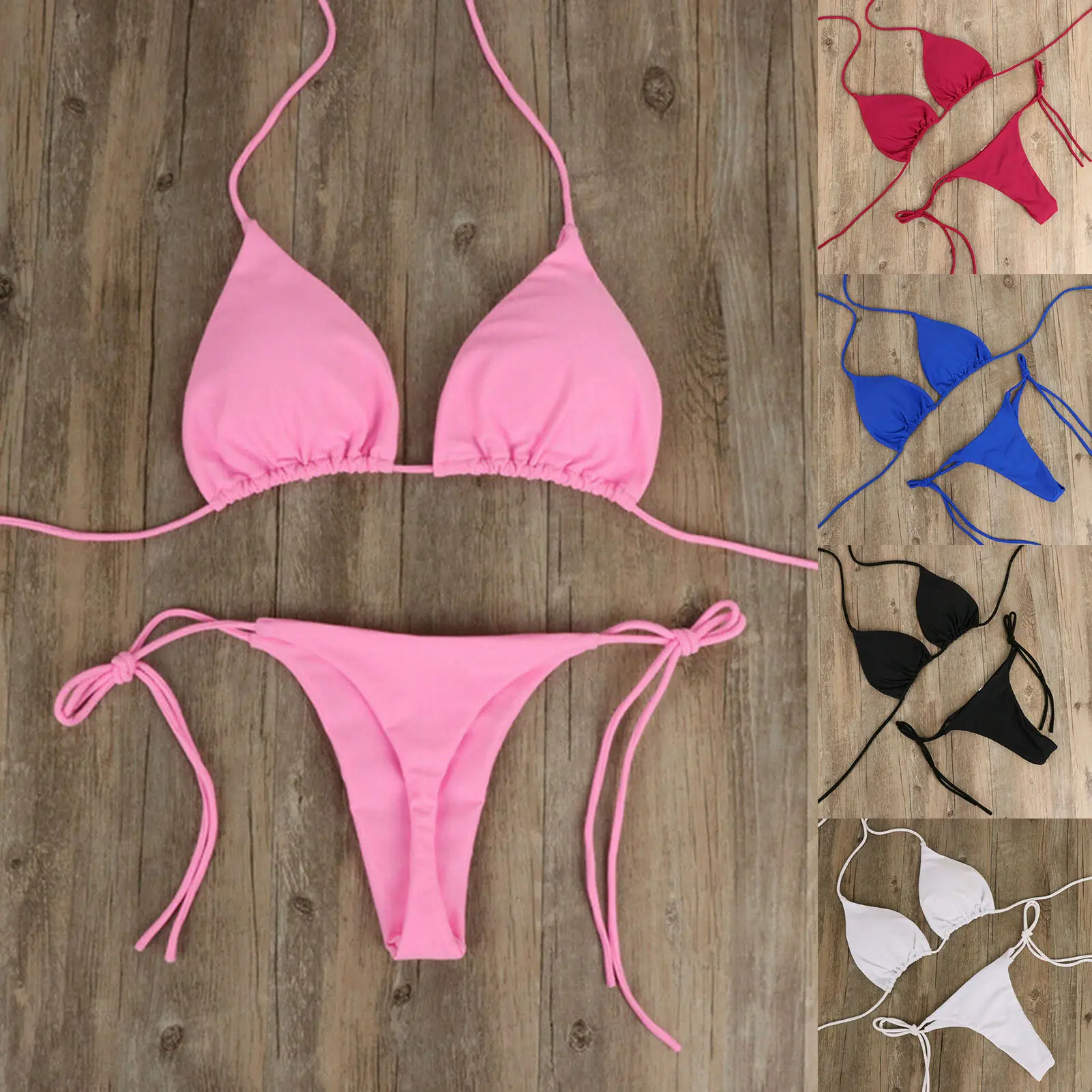 Bộ Bikini, 2 Cái / Bộ, Màu Trơn Cổ Yếm Cổ Dây Đeo Thong, Dành Cho Nữ, Thích Hợp Đi Biển Voi Nhung Màu Đen