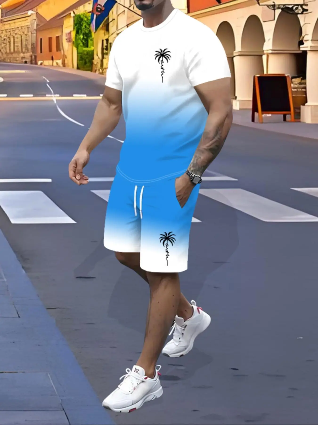 Men's Regular Fit Palm Tree Print Short Sleeve Tee & Shorts Set, Casual Round Neck T-shirt & Shorts, Summer Outfits Clothes Set for Men
