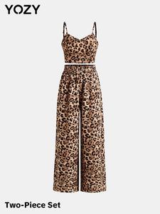 YOZY Leopard Print Top & High Waist Pants Set, Boho Baggy Sleeveless Crop Cami Top & Wide Leg Pants for Spring & Summer & Fall, Women's Clothes for Daily & Vacation & Party Wear, Hide Tummy Outfits UK