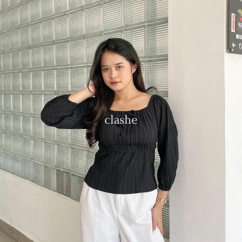 Baju Blouse Pita Wanita Atasan Lengan Panjang Lady Crush Crinkle Anti Lecek Korean Style Kekinian Terbaru Ootd Farah Top by Clashe 2