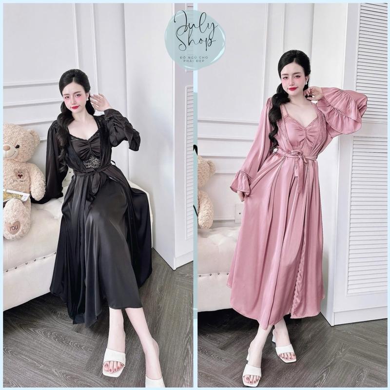 <70kg Đồ Ngủ Nữ JULY Set Đầm Ngủ Công Chúa 2 Dây Phối Ren Kèm Áo Choàng Tay Bèo Xinh Xắn Lụa Latin Cao Cấp Freesize Dress Women