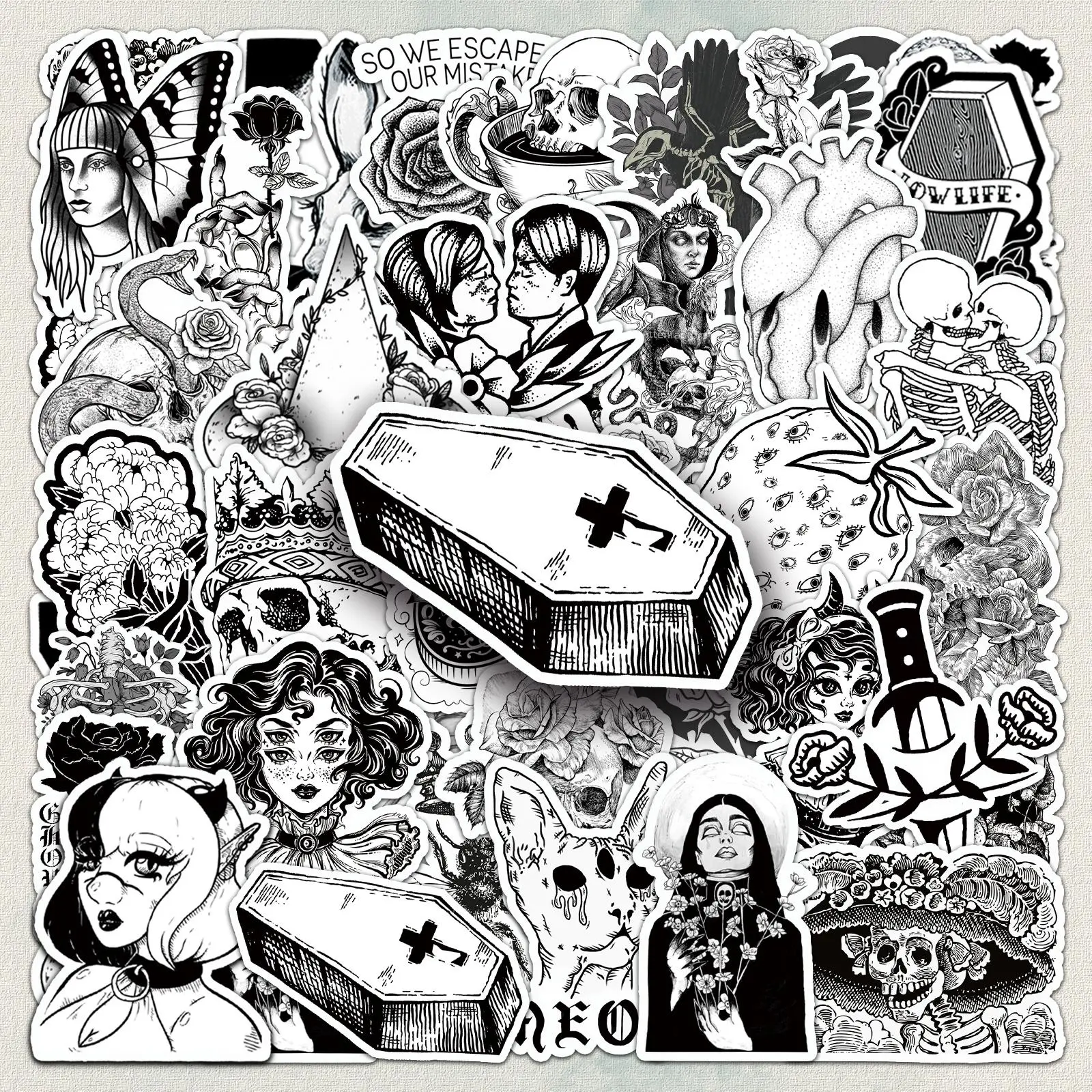 Cartoon Gothic Pattern Sticker, 50pcs/set Waterproof Self Adhesive Decor Paper, Decor Sticker for Gift Greeting Card Water Bottle Laptop Phone Case