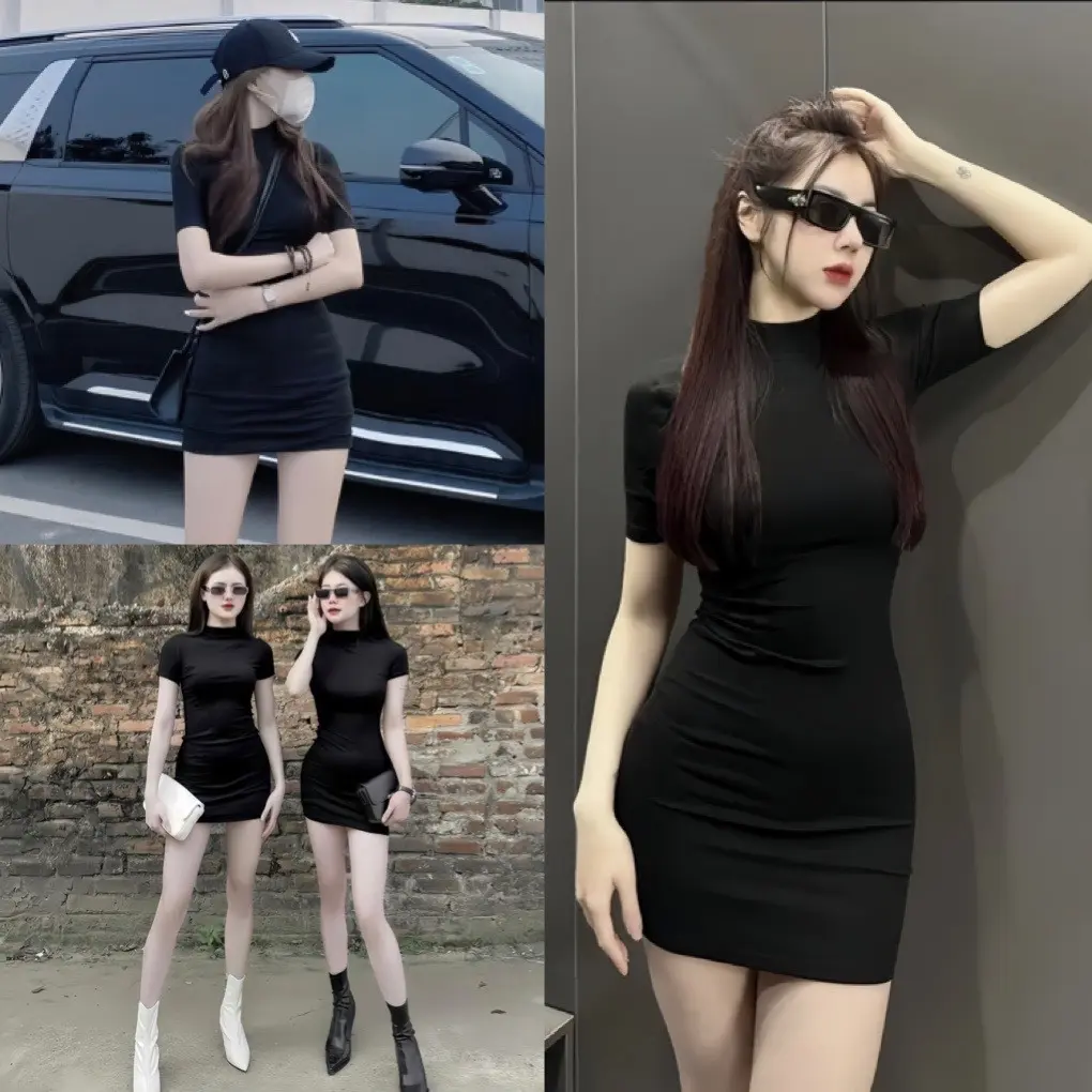 Váy đen ôm body tôn dáng chất thun tăm co dãn, Đầm suông dáng ngắn cá tính đi chơi dự tiệc phong cách hàn quốc, CACA SHOP