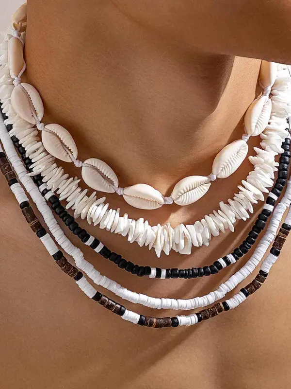 Men's Boho Style Shell & Clay Beaded Design Necklace (5pcs/set), Fashionable Beaded Necklaces for Men, Casual  Trendy All-match Jewelry As Birthday Gift 3