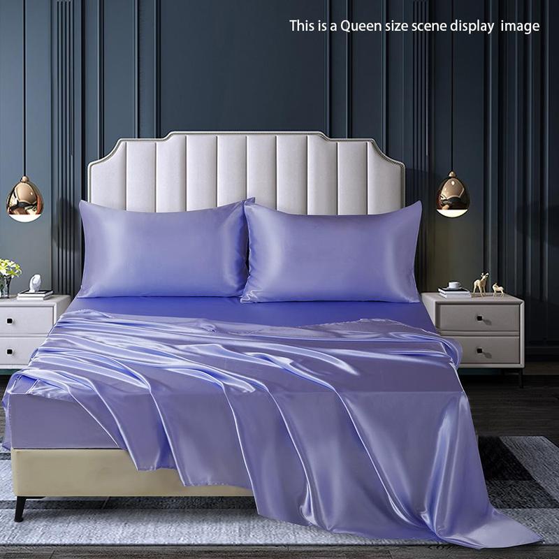Solid Color Satin Bedding Set (4 Counts/set), Including 1 Flat Sheet, 1 Fitted Sheet & 2 Pillowcase without Filler, Soft Comfortable Bedding Set for Home Bedroom 4