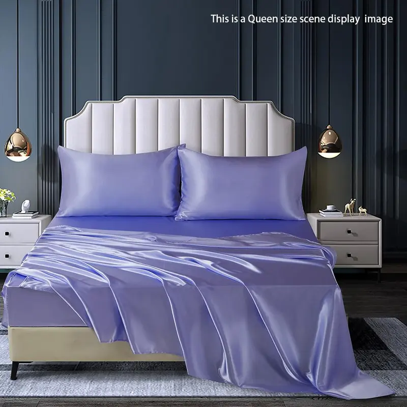 Solid Color Satin Bedding Set (4 Counts/set), Including 1 Flat Sheet, 1 Fitted Sheet & 2 Pillowcase without Filler, Soft Comfortable Bedding Set for Home Bedroom 2