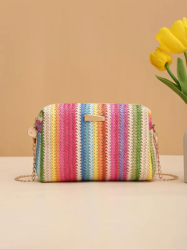 Summer 2025 Colorblock Straw Woven Crossbody Bag, Crochet Bags,  Casual Trendy Shoulder Bag, Chain Bag for Women, Everyday Bags, Fashion All-match Square Bag for Beach Vacation, Purses Crossbody Bags, Unique Bags 2