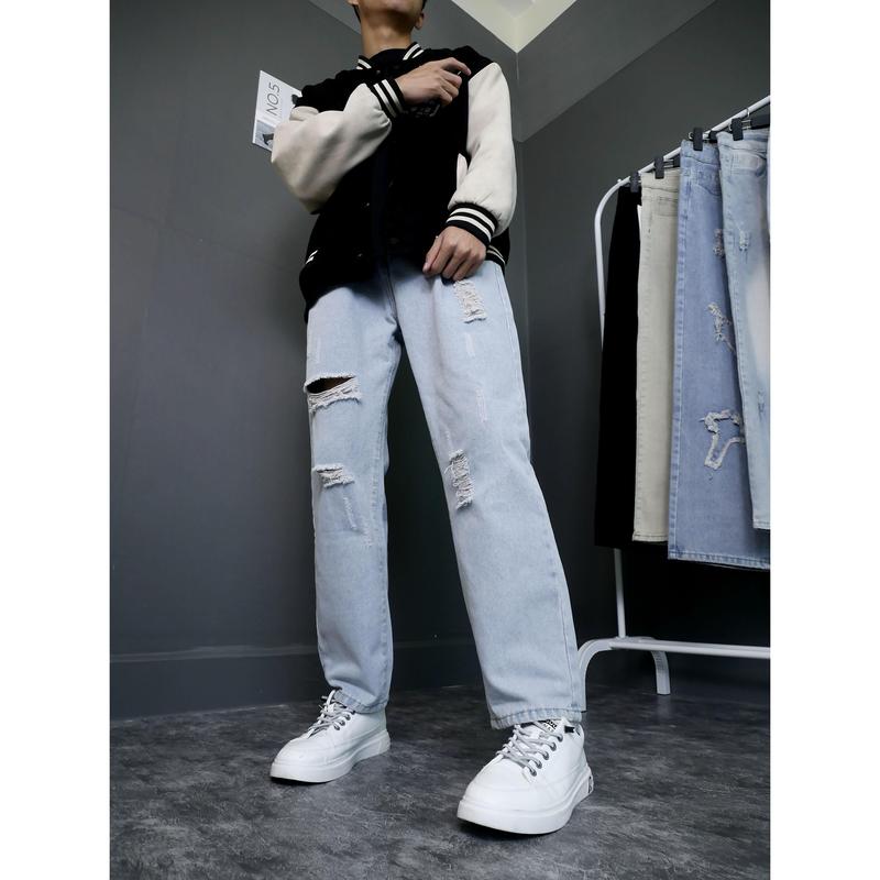  Quần bò nam rách dáng baggy suông chất jean denim màu xanh trắng nhạt mài rách xước gối đùi đẹp hà nội hcm Menswear Pants Cotton 