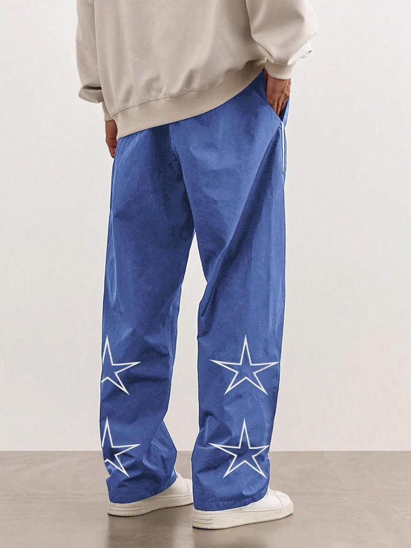 Product Introduction of Men's Loose Star Print Drawstring Waist Wide Leg Pants, Casual Pocket Trousers for Daily Wear, Woven Bottoms for All Seasons, Striped Trousers 20