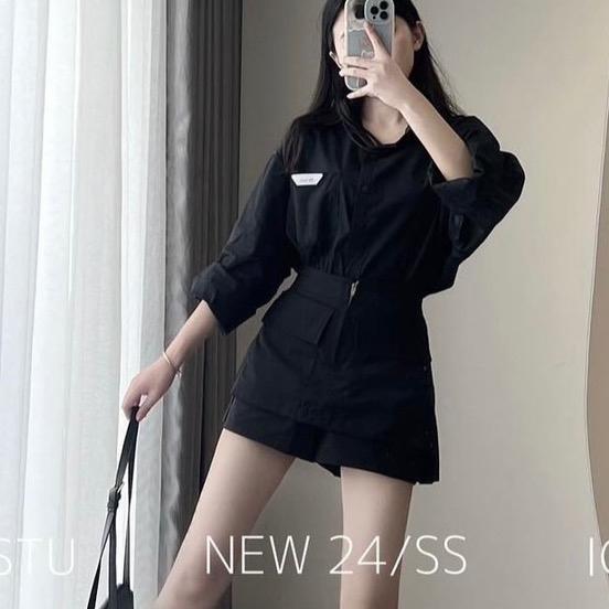 Set gồm sơ mi va chân váy túi hộp chất thô mềm mát 2 màu xanh/ trắng A25 Nữ