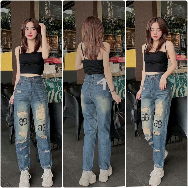   S-2XL dài 95cm  quần baggy jeans nữ lưng cao rách tả tơi ,chất jean QC mềm không co dãn tông màu rêu vàng bụi,wash retro style women pants quần jean bụi 3424 