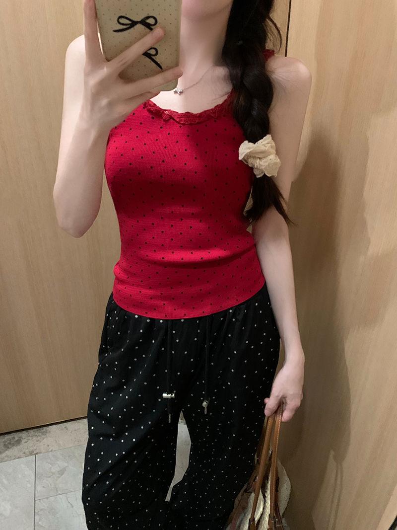 Product Introduction of Red Polka Dot Lace Camisole Women's Summer Slim-Fit Short Sleeveless Top 12