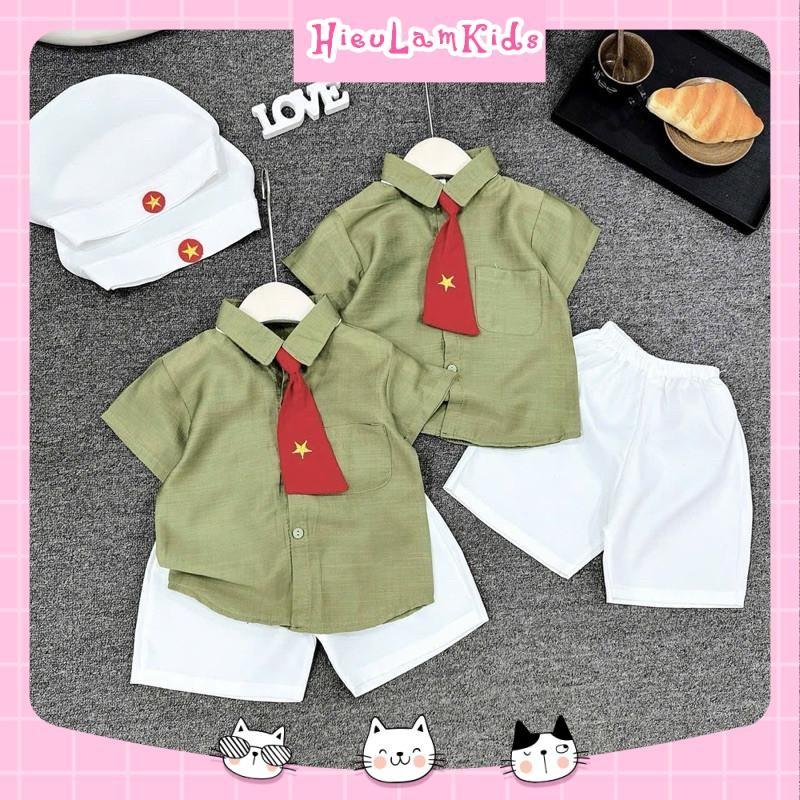 X32 - Bộ quần áo cho bé 4 món, Set áo sơ mi kèm cà vạt và mũ lá cờ đỏ sao vàng cho bé 2