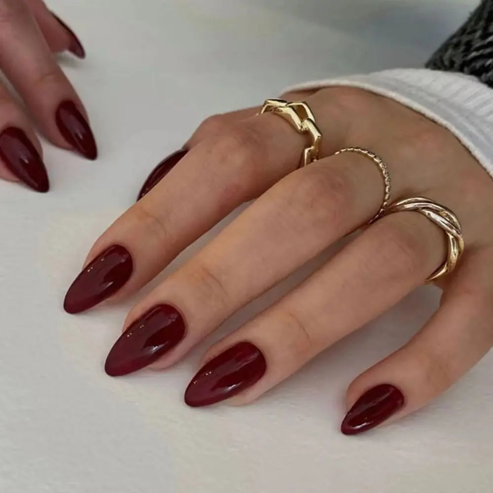 Manicure Long Almond False Nails Simple French Press on Nails Cherry Color Detachable Nail Tips DIY