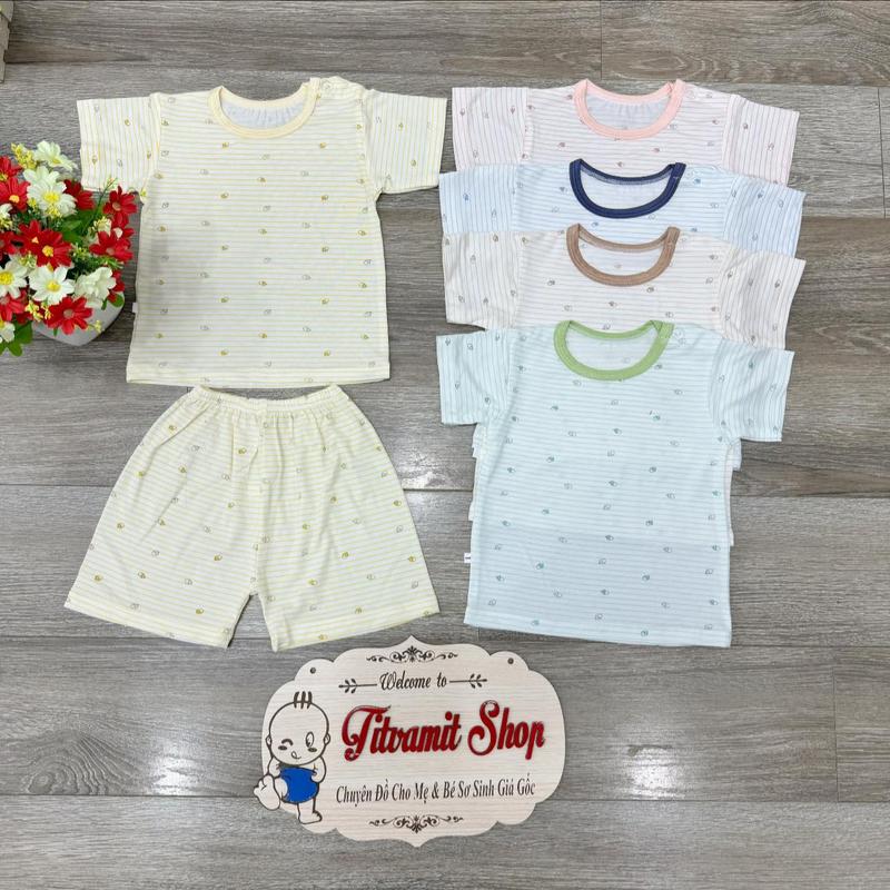 Bộ cộc minky cài vai peptit kẻ nền màu mềm mát cho bé