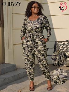 CURVZY Plus Size Camo Print Cut Out Drawstring Jumpsuit, Casual Pocket Fake Buttons Long Sleeve Jumpsuit for Summer, Women's Plus Clothing for Daily Wear