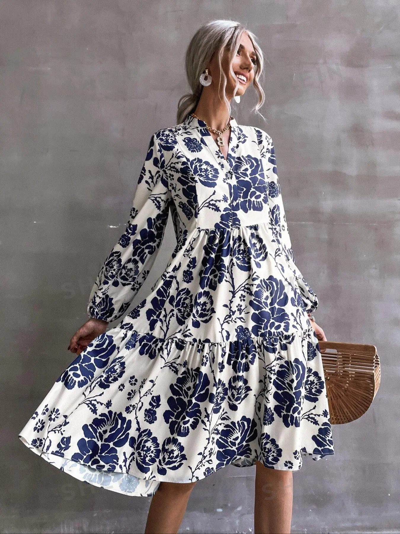 Women's Floral Print Buttons Notched Neck Dress, Boho Casual Lantern Sleeve A Line Dress, Ladies Clothes for All Seasons