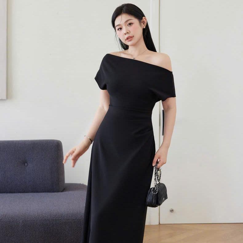Đầm trễ vai lệch vai dáng dài đi tiệc đen/kem/đỏ đô Bigsize N3_ORIMI Nữ Women