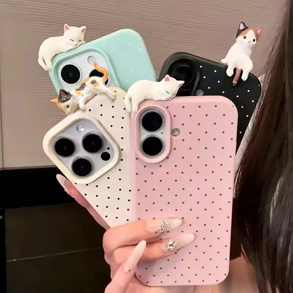 Casing Ponsel Lembut Motif Polkadot Korea untuk iPhone 16 15 14 13 12 17 Pro Max Plus X XR Penutup Tahan Guncangan Kucing Kartun 3D Lucu