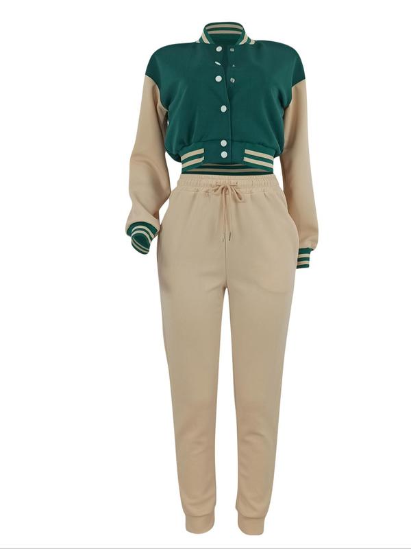 Women's Colorblock Print Short Jacket & Drawstring Waist Sweatpants Two-piece Set, Two Piece Set Women, Casual Long Sleeve Mock Neck Outerwear & Pocket Pants for Daily Wear, Ladies Fall & Winter Clothes, Co-ord Sets 4