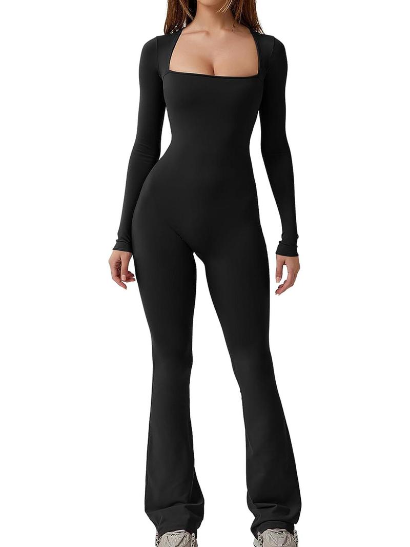 Product Introduction of Women's Solid Long Sleeve Square Neck Flare Leg Jumpsuit, Casual Comfy Bodycon Jumpsuit for Spring & Fall, Ladies Clothes for Daily Wear Valentine's Day, gift 12