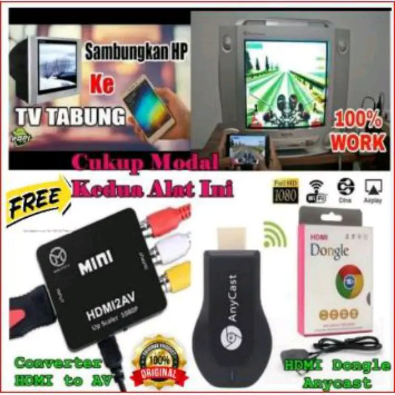 paket Alat Penghubung Hp ke Tv Tabung Anycast HDMI to Kabel RCA Paket 2