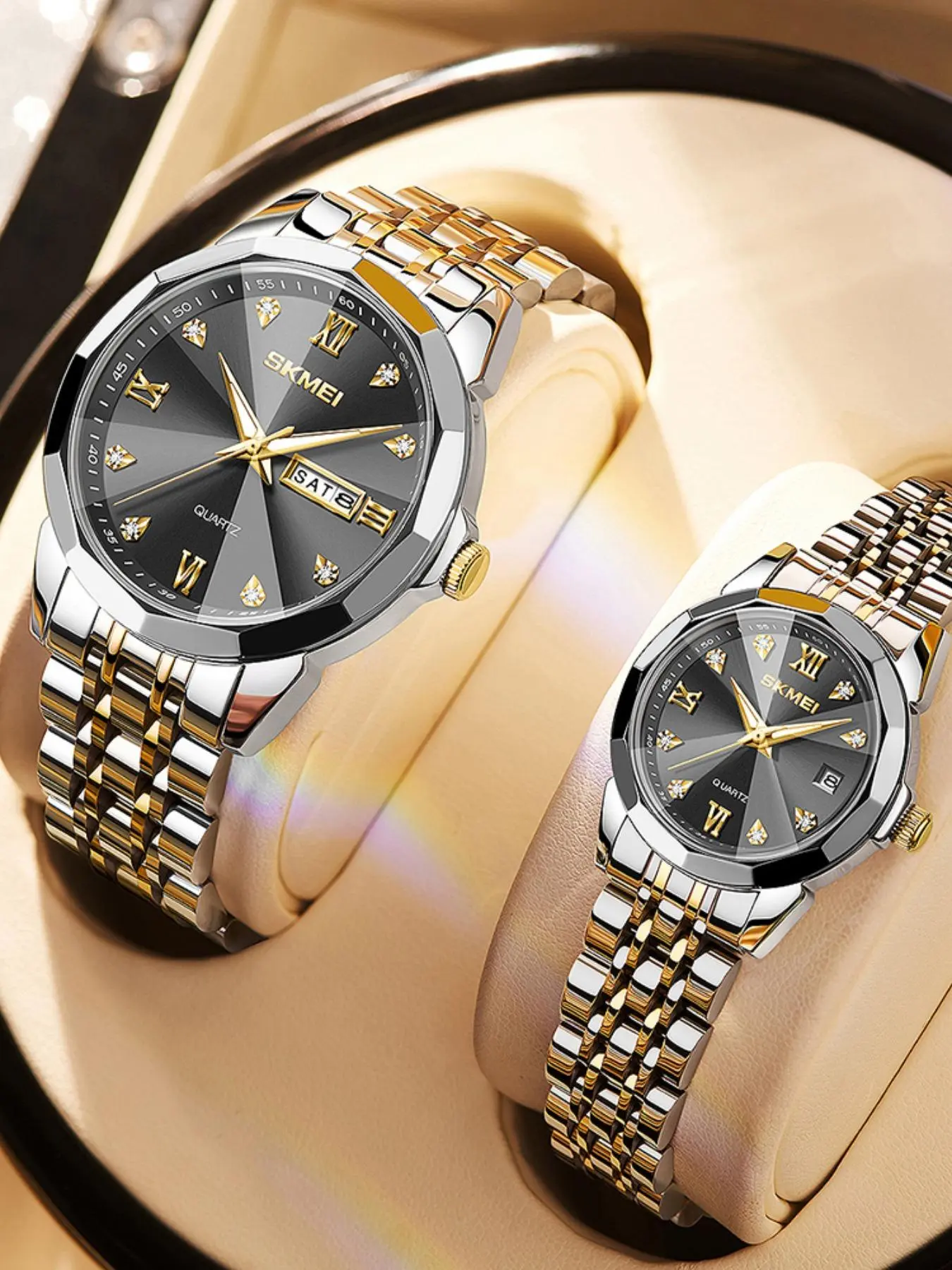 Couple Fashion Rhinestone Decorated Analog Quartz Watch, Fashion Waterproof & Luminous with Date Display, Trendy All-match & Exquisite Watch for Birthday Gift, Valentine's Day, Gift