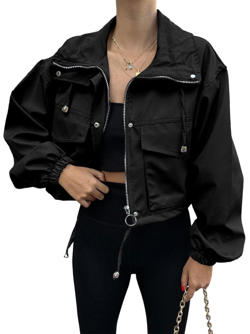 Product Introduction of Women's Solid Zip Up Crop Jacket, Casual Fashionable Pocket Lightweight Outerwear, Ladies Spring & Fall Clothes, Clothes for Women 3
