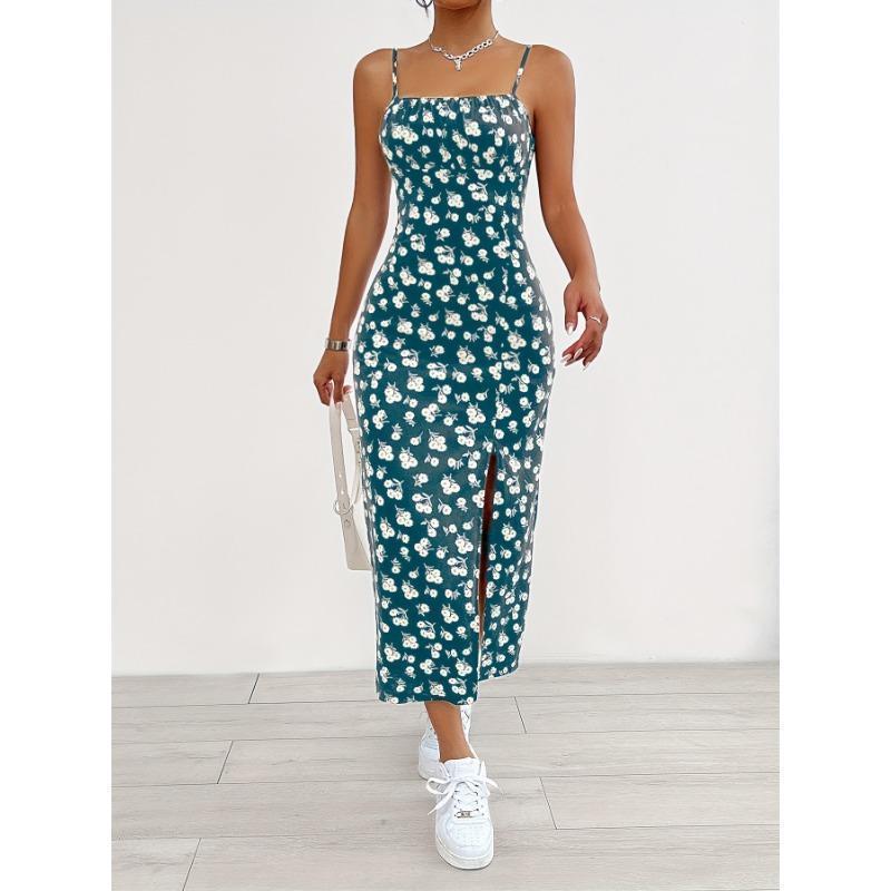 Floral Print Split Hem Cami Dress, Elegant Sleeveless Spaghetti Strap Dress For Spring & Summer, Women's Clothing Formal Womenswear Workwear Comfort 4