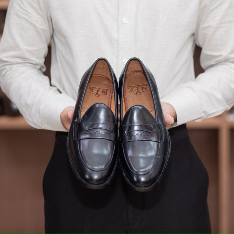 Giày Nam NTK Penny loafer Shoes đen đế gỗ phíp khâu mckay bảo hành da 24 tháng Hoa Đồng 38-44