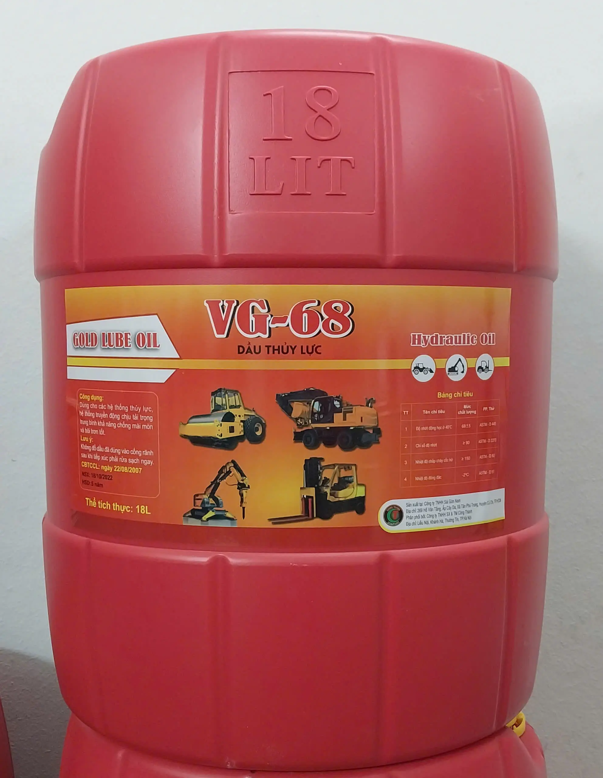Dầu nhớt thủy lực VG-68 Gold Lube Oil chống mài mòn cho máy cẩu xúc xe nâng ô tô và hệ thống thuỷ lực công nghiệp