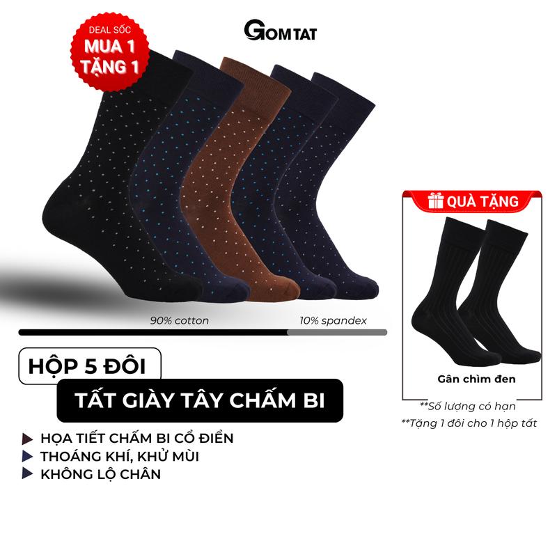 Hộp 5 đôi tất đi giày tây nam cổ cao GOMTAT họa tiết chấm bi, vớ nam cổ cao chất cotton cao cấp hút ẩm thoáng khí, tất nam công sở, vớ đi giày tây Menswear - GOM-CHAMBI-CB5