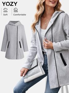 YOZY Women's Solid Zip Up Hooded Coat, Casual Long Sleeve Pocket Outerwear for Fall & Winter, Women's Clothing for Daily Wear