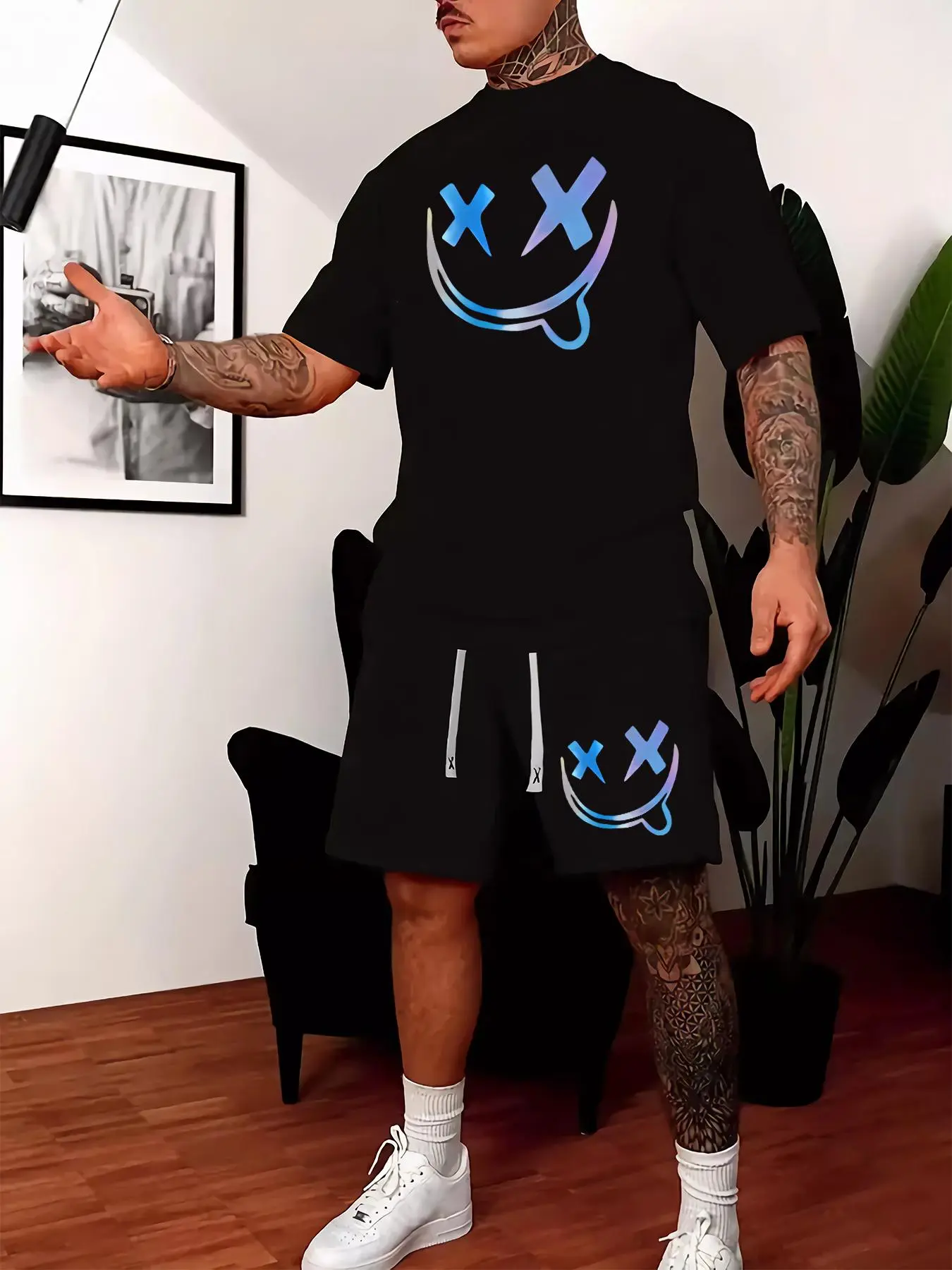 2 Counts Men's Graphic Shorts Suits Set, Regular Fit Short Sleeve Round Neck T-shirt & Drawstring Waist Shorts for Formal Wear, Summer Outfits 2024, Men's Designer Outfits Set, Back To School Outfit