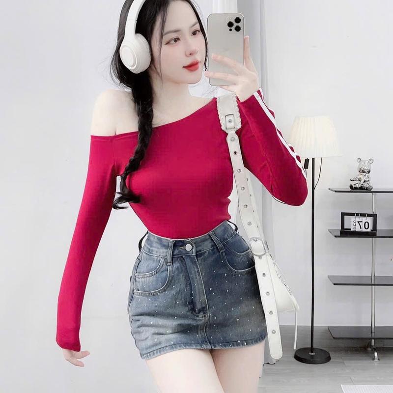 Áo Thun nữ trễ vai tay dài trơn phối viền ôm body tôn dáng co dãn 4 chiều Voi Top Voan áo  lụa lệch vai Jean Sơ Mi