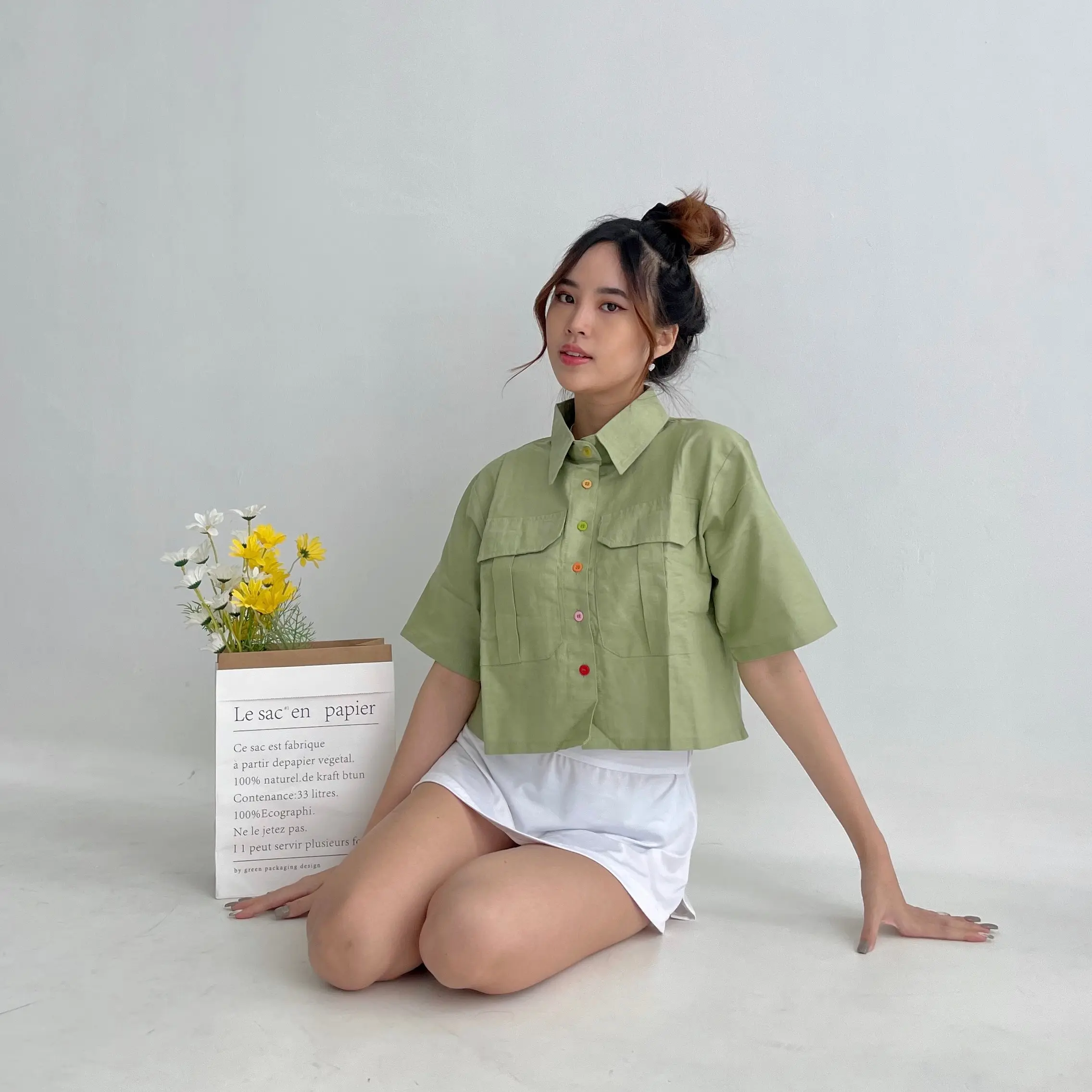 Yeoji Button Rainbow Top | Crop Top Linen | Crop Wanita