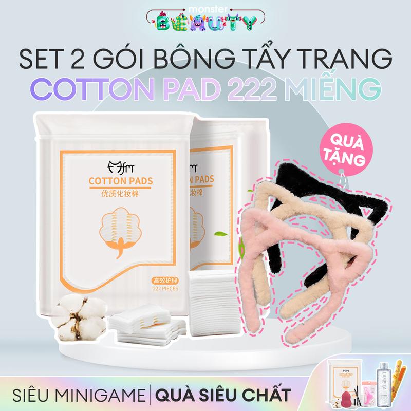 MUA 1 TẶNG 1 - Set 2 Gói bông tẩy trang COTTON PAD 222 miếng 3 lớp - 100% cotton không xơ bông, thấm hút dung dịch dễ dàng, thân thiện với làn da - Tặng cài tóc tai mèo siêu cute - monster BEAUTY