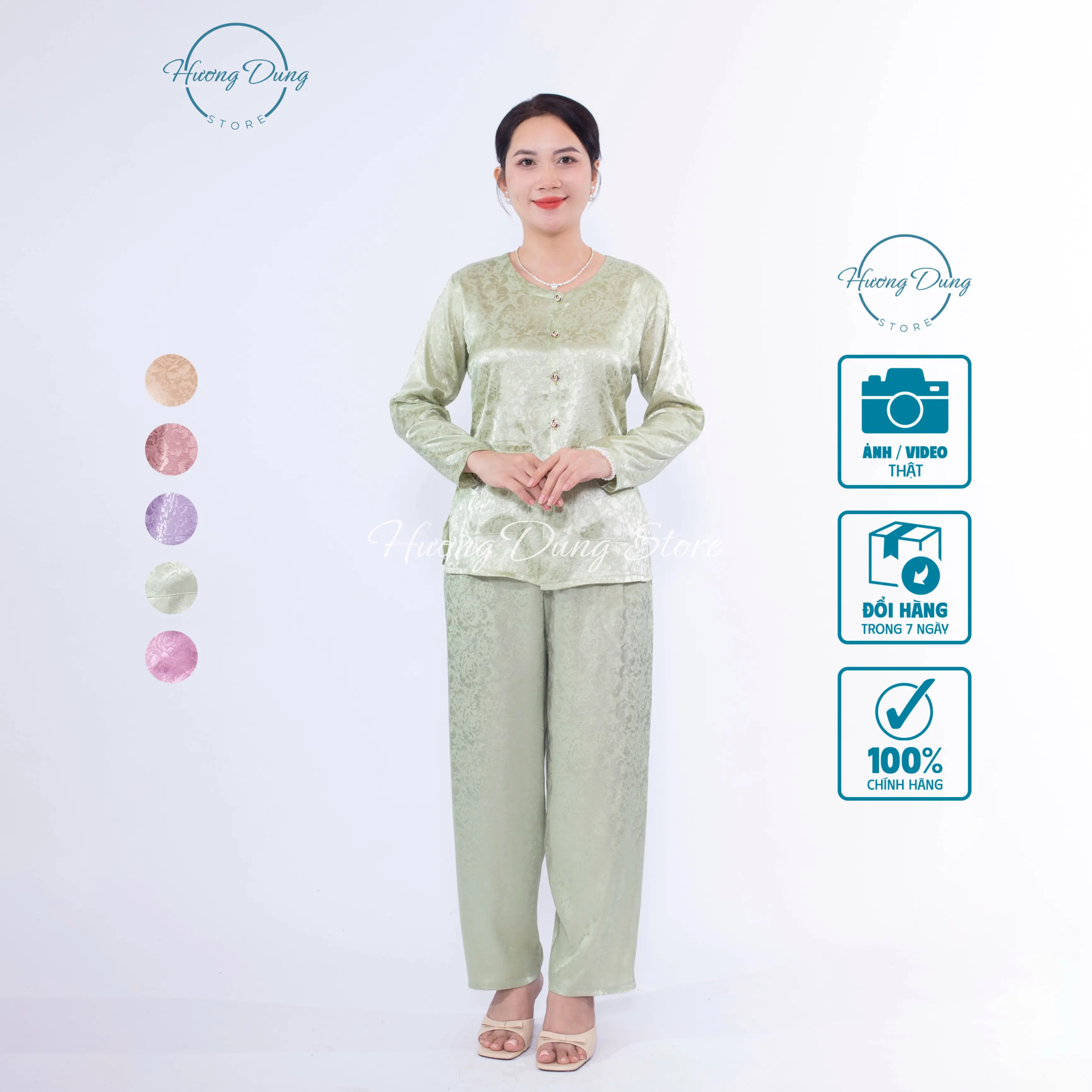 Đồ Bộ Trung Niên Gấm Lụa Thái Cao Cấp Hương Dung Tay Dài Thanh Lịch, Sang Trọng