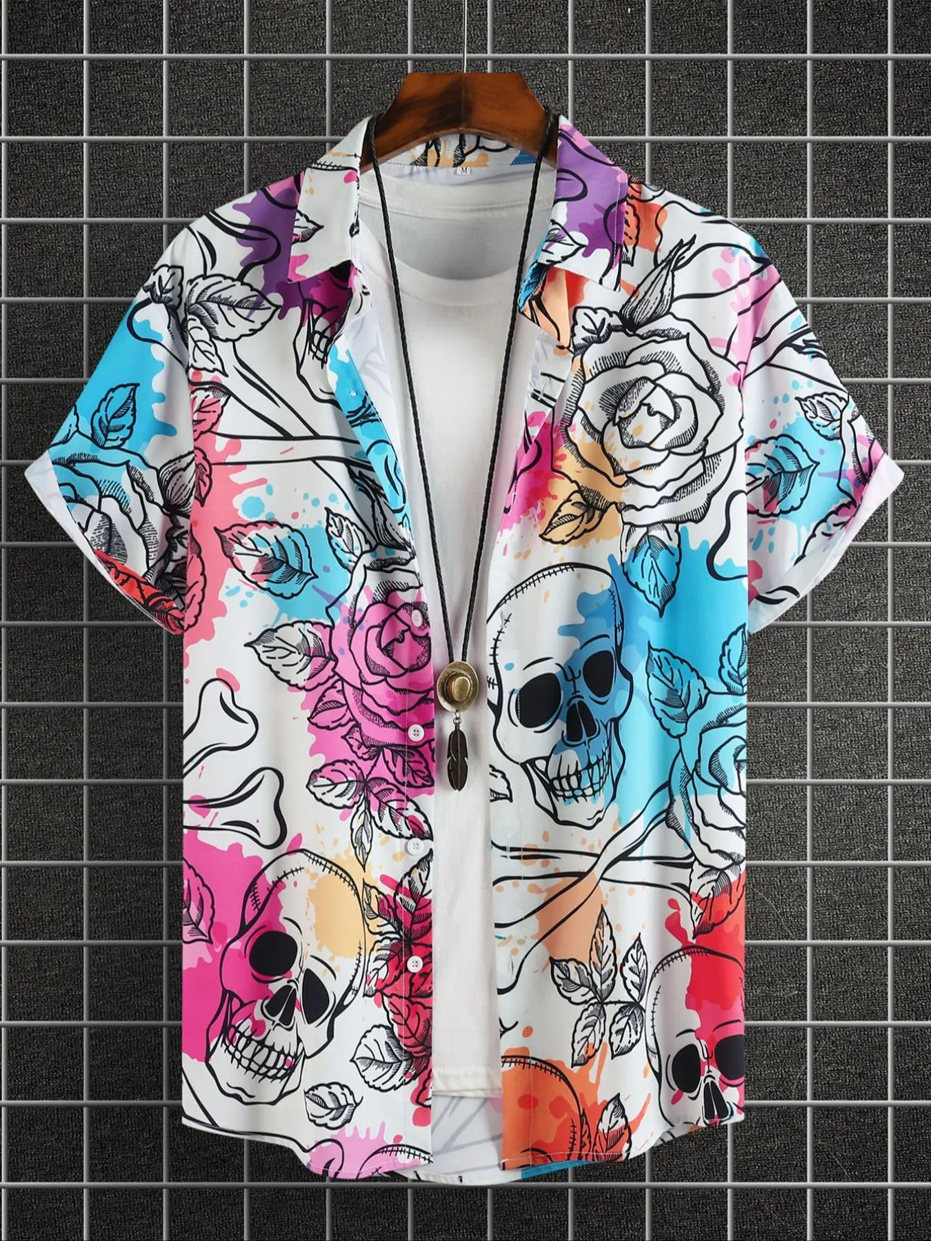 Men's Skull & Rose Print Short Sleeve Shirt, Casual Comfy Breathable Top for Summer, Fashion Men's Clothes for Beach Vacation