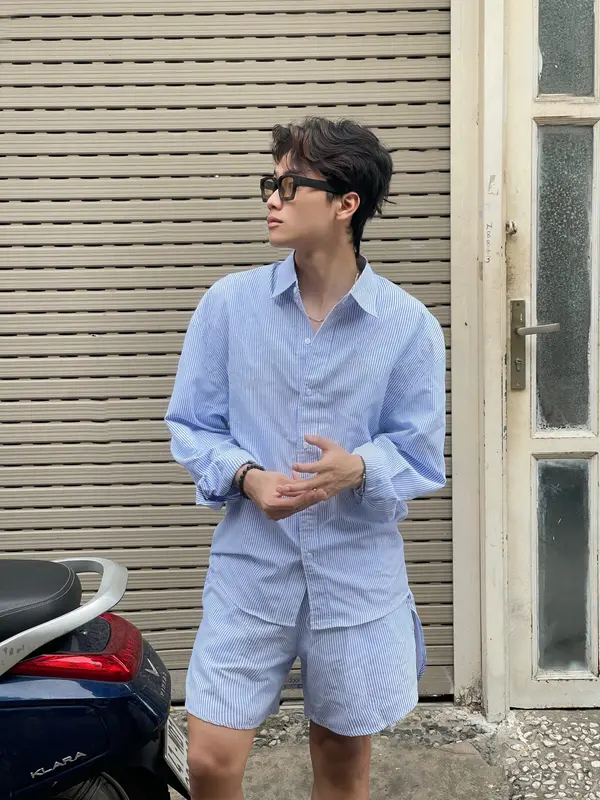 [ DEAL MỞ BÁN ]  Bộ Kẻ Sọc Unisex , Áo Sơ Mi , Quân đùi dáng rộng , Phong cách hàn quốc 2